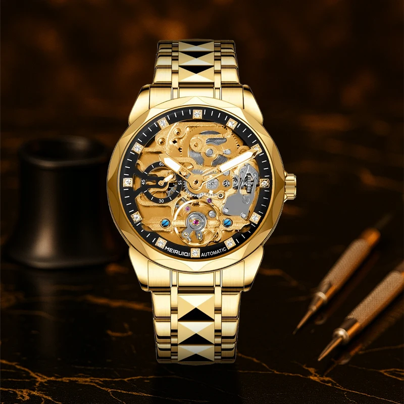 A men's yellow and black casual style temperament scale fully automatic hollow mechanical watch