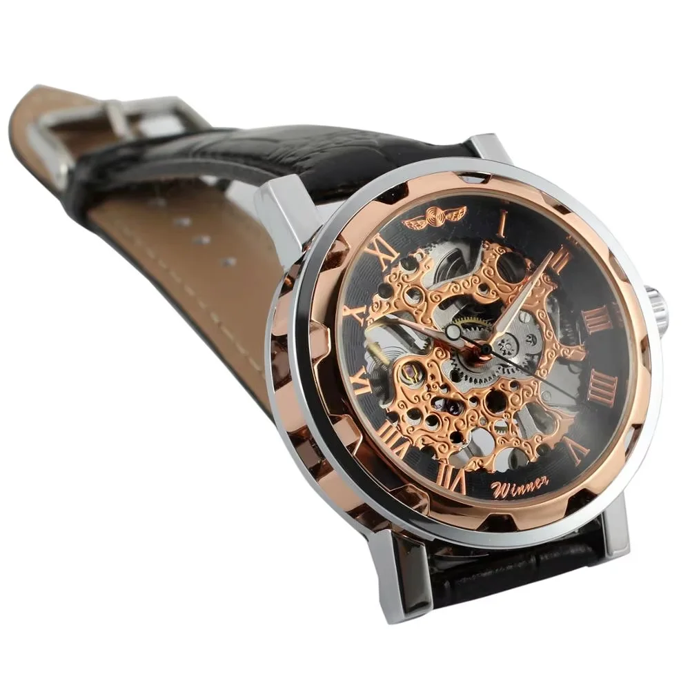 WINNER Fashion trend men's and women's watches hollow dial leather strap creative design automatic mechanical watches