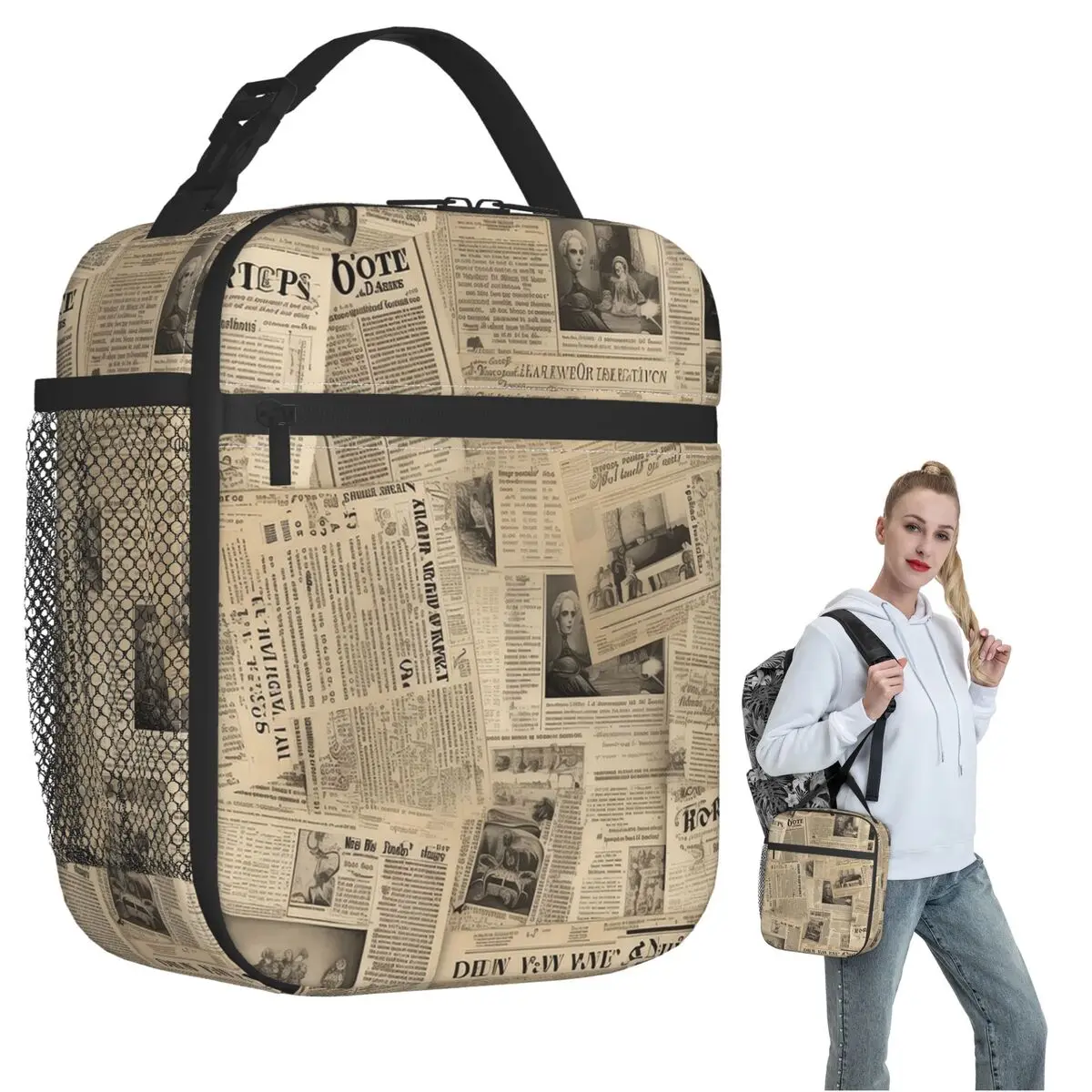 Junk Journal Prints Vintage Newsprint Insulated Lunch Bag for Women Kids Portable Food Boxes Thermal Lunch Box Tote