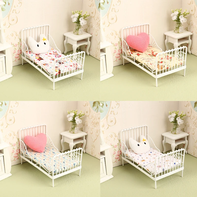 1Set 1:12 Dollhouse Iron European Bed Mini Cradle with Mattress Cushion Ornaments Miniature Furniture Bedroom Decor Toy