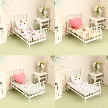 1Set 1:12 Dollhouse Iron European Bed Mini Cradle with Mattress Cushion Ornaments Miniature Furniture Bedroom Decor Toy