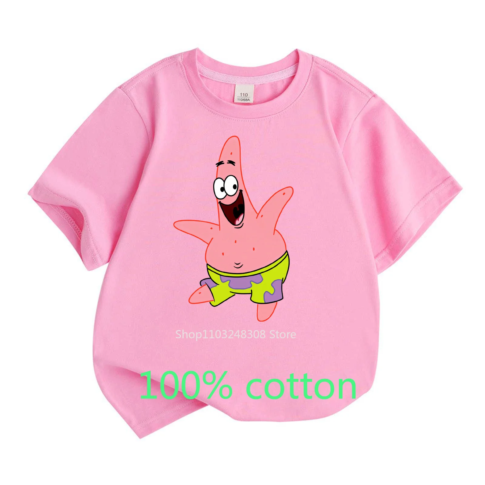 100%Cotton Patrick Star  T-shirt   Children Round Neck Short-sleeved Boys Girls  Fashion Kids Clothes Top 2-15Y