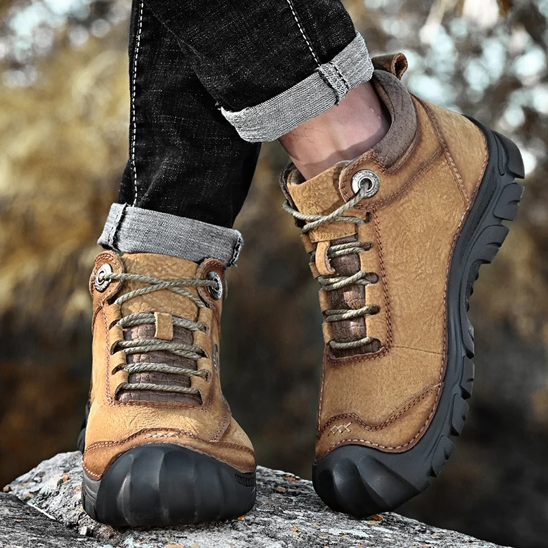 Brand Men's Leather Outdoor Durable and Comfortable Hiking Shoes Winter Fashionable Men's Warm Cotton Shoes with Added Fleece