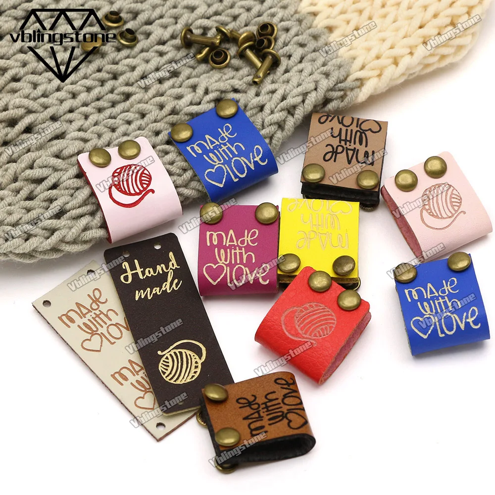 20Pcs PU Leather Handmade Labels Tags For Clothes Made With Love Labels For Hats Knitted Sewing Accessories DIY Gift Handcraft