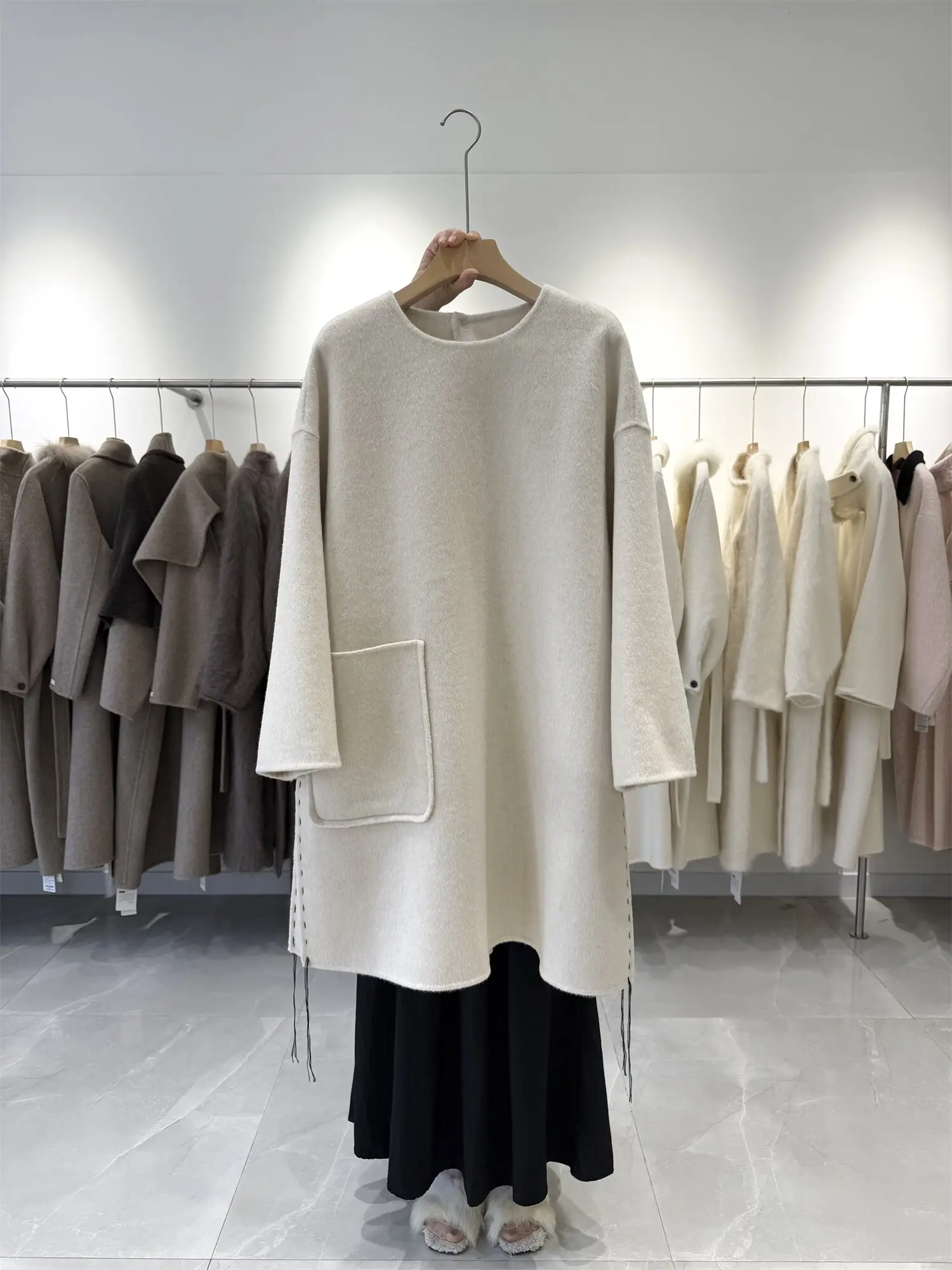 Women Autumn Winter New Niche Korean Double Face Wool Dress Loose Round Neck Side Slit Pocket As Outerwear Or Inner Woolen Coat