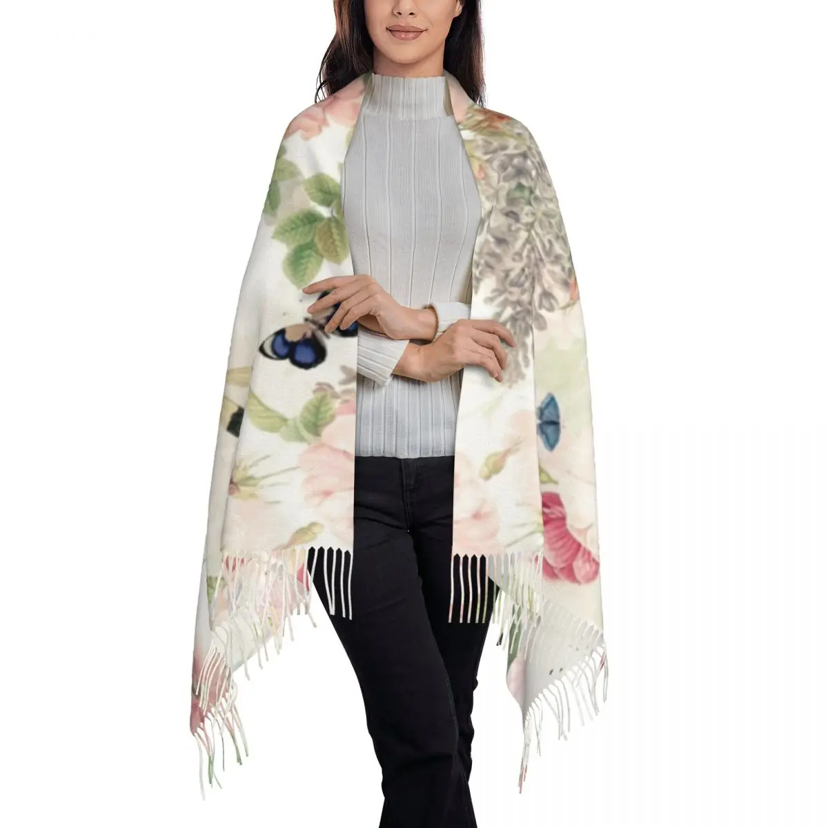 Vintage Roses Spring Flower And Early Insects Pattern Scarf Tassel Scarves Women Warm Shawls and Wraps Fall Winter Shawl Wrap