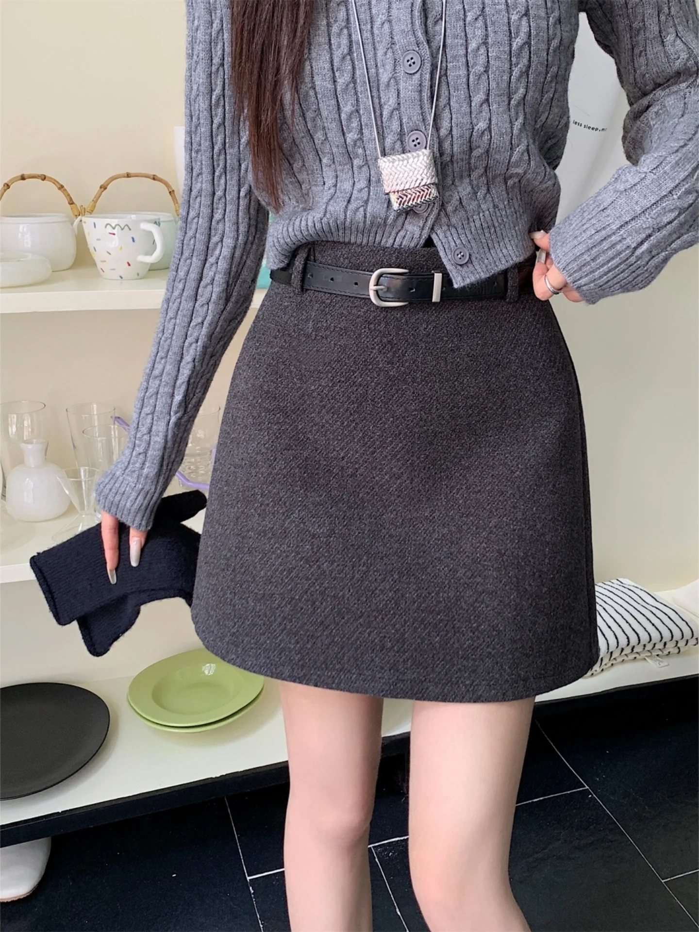 Gray Woolen A-Line  Skirt Women's Autumn Winter High Waist Anti-Light Fluffy Short Skirt Korean Style Static-Free Skirt