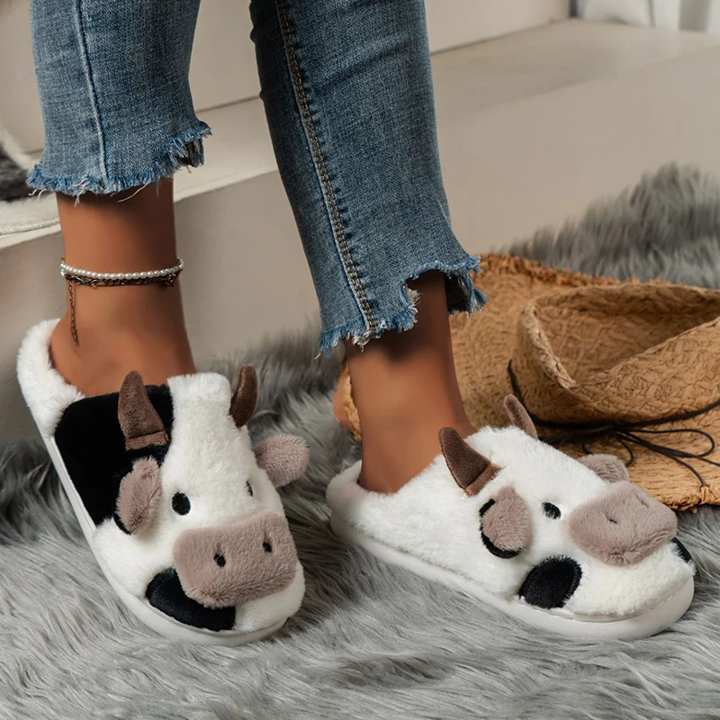 New Unisex Women Cute Cartoon Cow Warm Plush Slippers Couple's Indoor Non-slip House Slides Men Toe Wrap Home Cotton Shoes