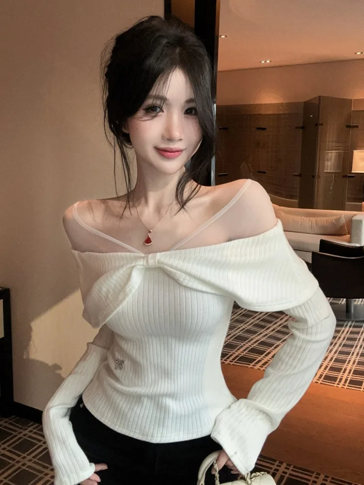 

Knitted Mesh Splice Women's Autumn Winter One-Shoulder Base Shirt Inner Wear Knot Sweater Breathable City...