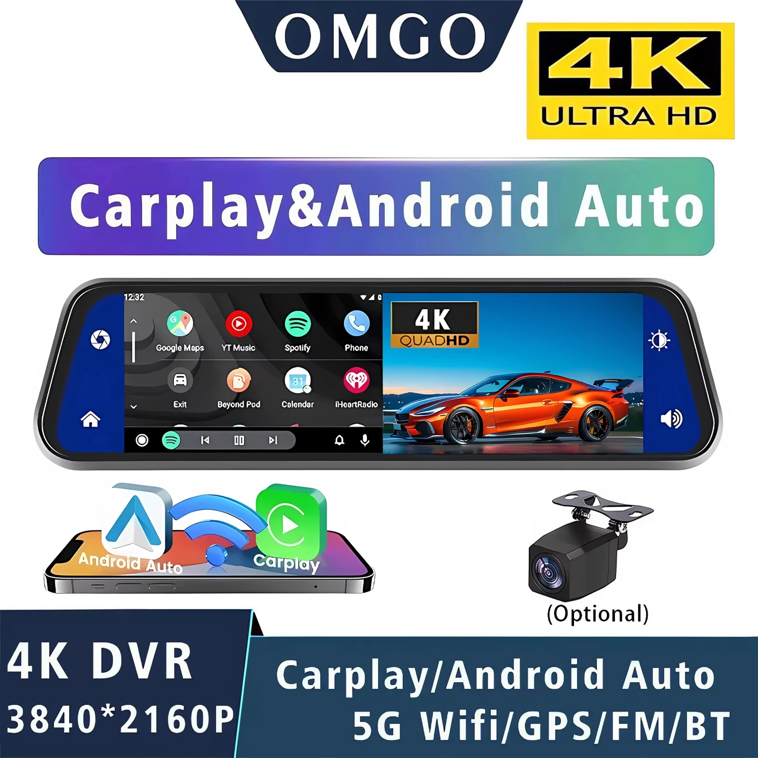 

10-дюймовый 4K видеорегистратор с Carplay и Android Auto, двумя камерами, 5G Wi-Fi, GPS, Bluetooth, FM, видеозаписью и функцией Stream Mirror