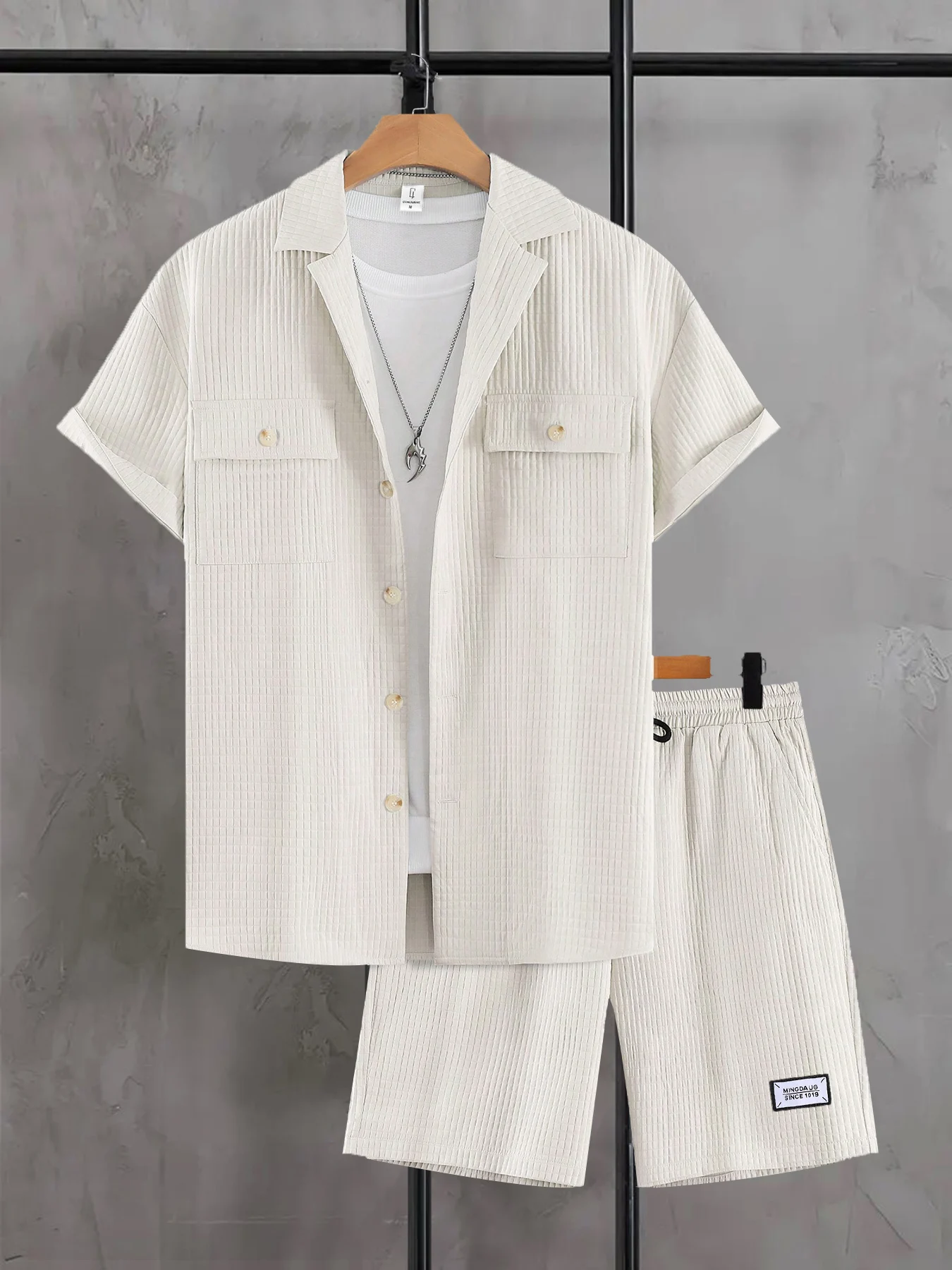 Men's Summer Casual Two-Piece Set with Collared Short Sleeve Shirt And Drawstring Shorts