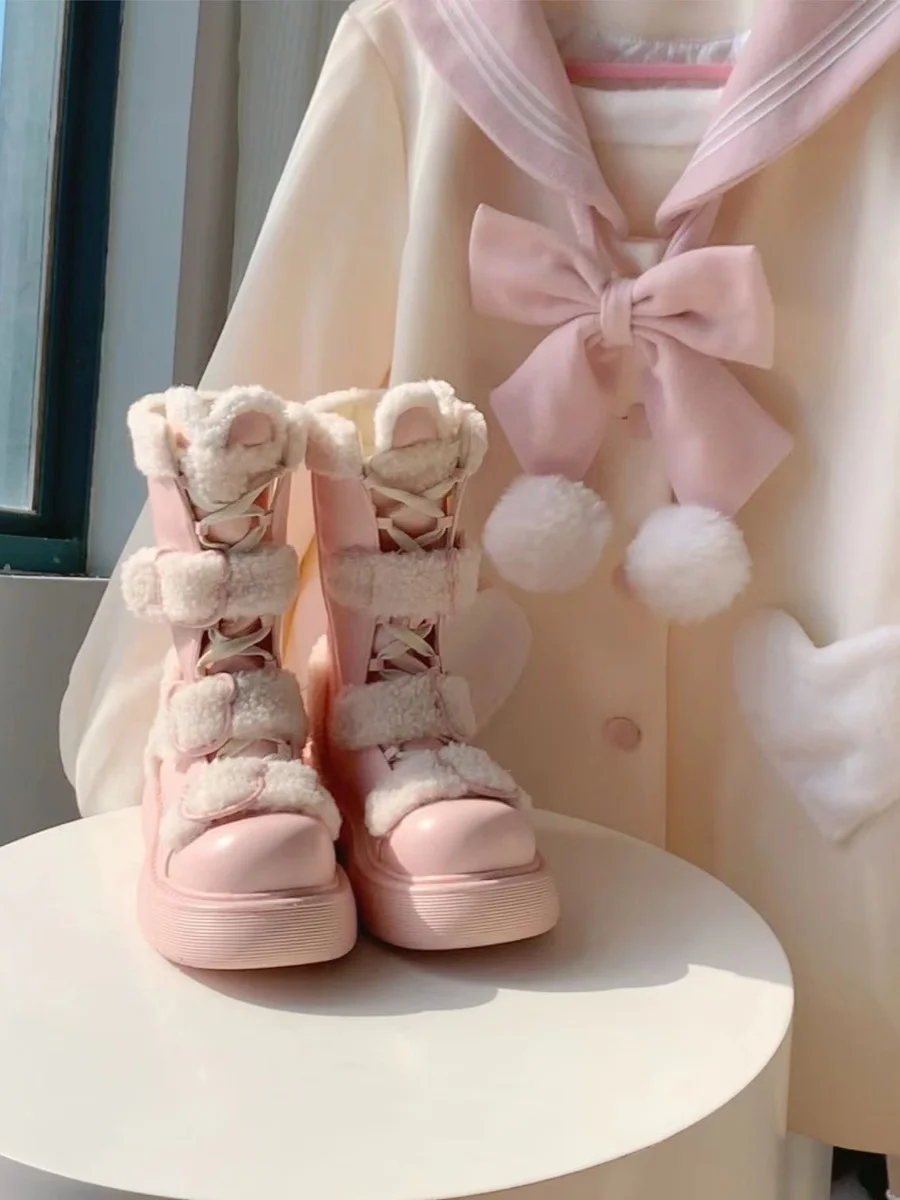 Winter Sweet Lolita Shoes Cute Round Head Muffin Bottom Velvet Warm Snow Boots Casual Medium Women's Boot