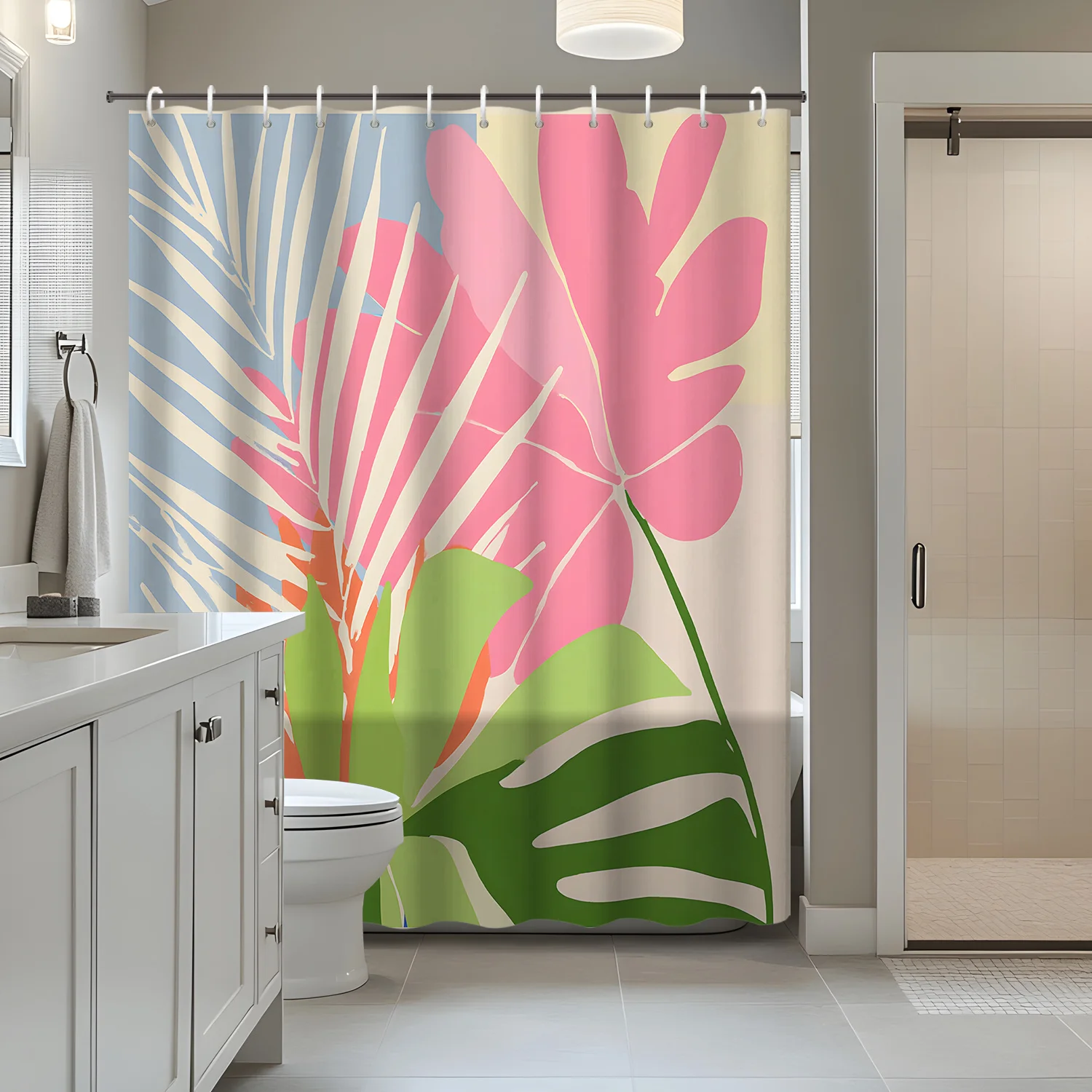 

1pc Nordic Tropical Plant Turtle Leaf Palm Leaf Bathroom Shower Curtain with 12 Hooks Shower Curtain Partition Curtain,