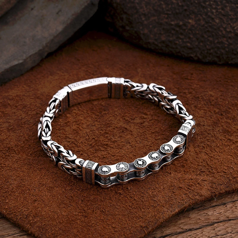 OUYADI 925 Sterling Silver Men Motorcycle Style Bracelet Tang Grass Tank Chain Greek Key Vintage Creative Jewelry Gift