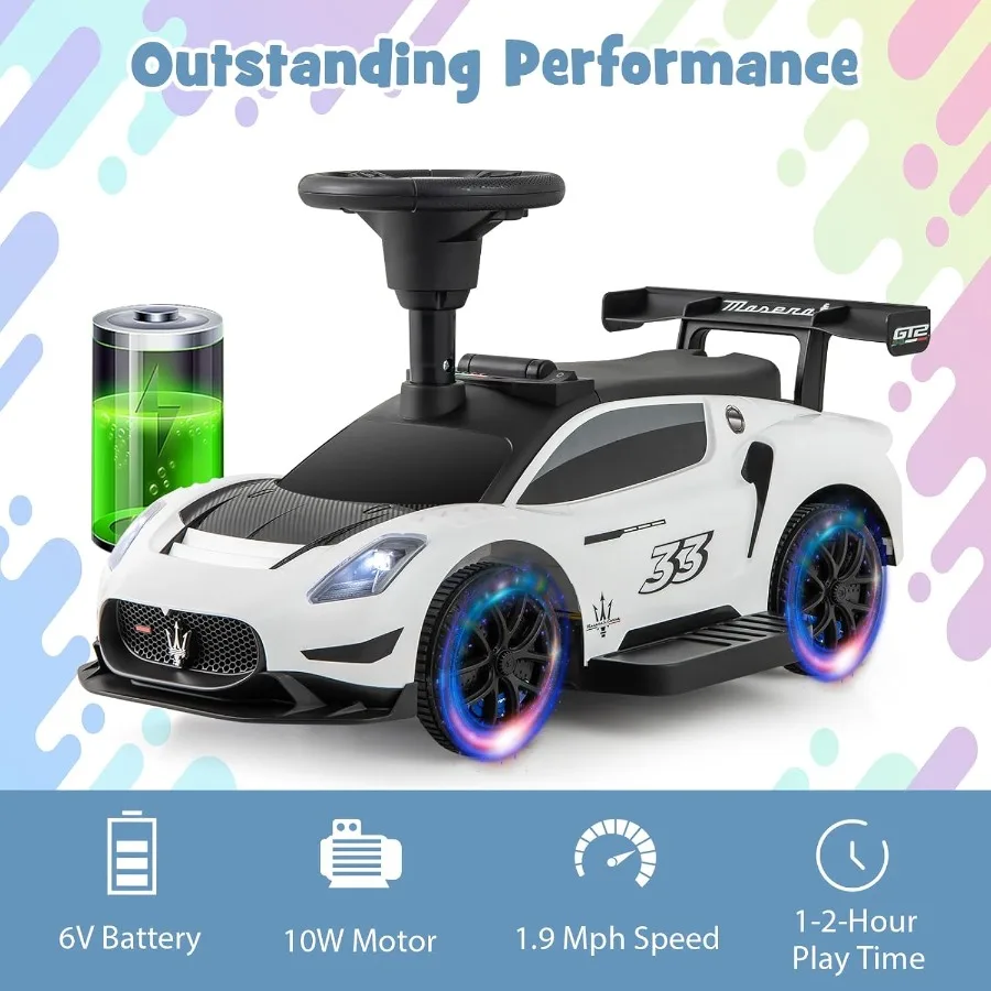 Samochodzik elektryczny dla maluchów Maserati z licencją, 6V, z klaksonem, muzyką, światłami i schowkiem pod siedzeniem, zasilany bateryjnie, do pchania.