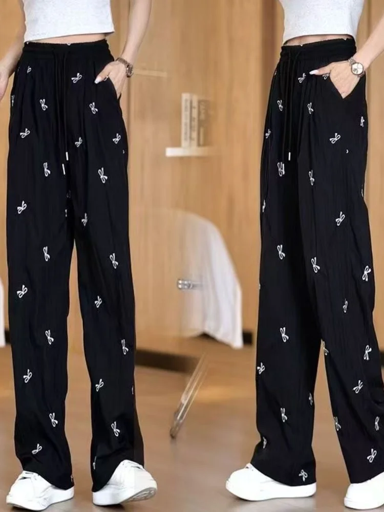

Summer Thin Wide Leg Pants Women's Loose Knot Casual Trousers High Waist Nine Points Korean Sle Outerwear