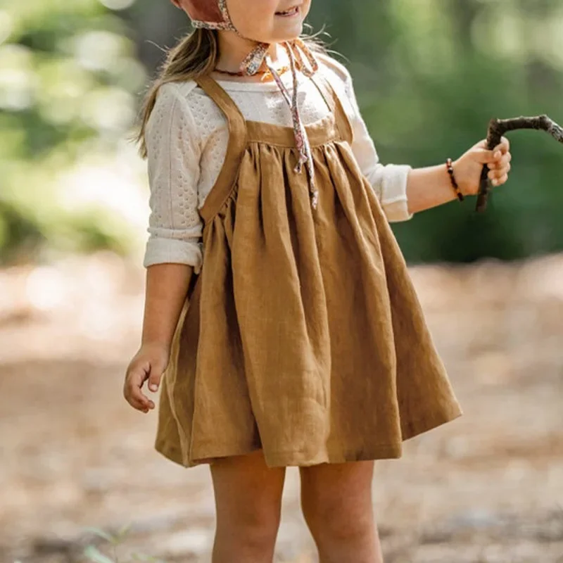 Retro Girl's Adjustable Straps Linen Puffy Skirt Autumn New French Cotton And Linen Casual Loose Kids Princess Dresses