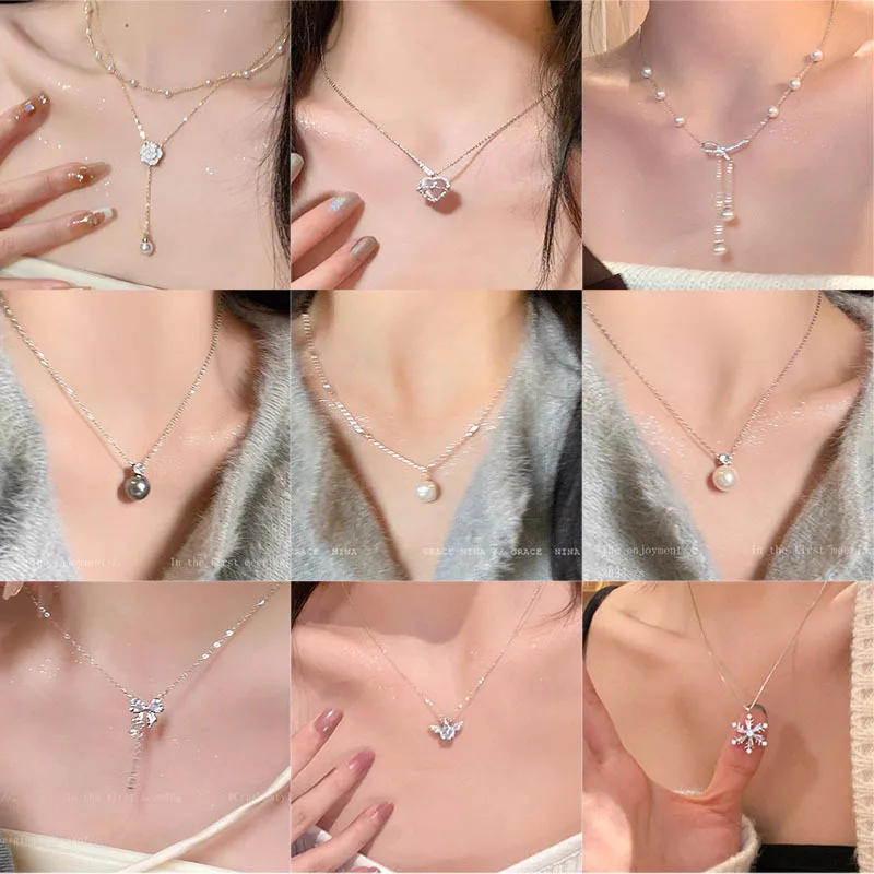 

Women Titanium Steel Necklace High-End Pearl Pendant Necklace Cute Clavicle Chain Jewelry Accessory