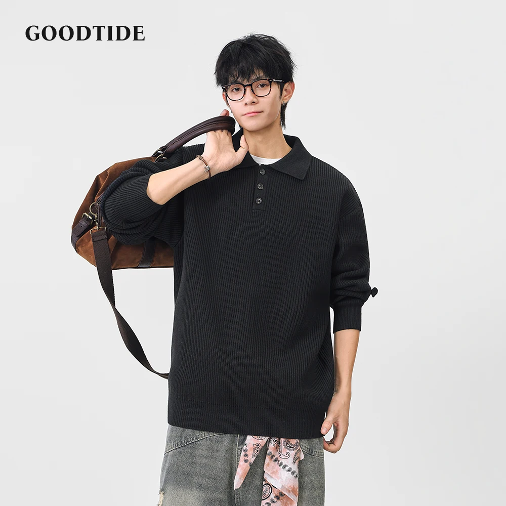 Fashion Men's Casual Polo Collar Sweater 2025 Winter New Ribbed Knitted Pullover Button Placket Soft Long Sleeve Jumper Top