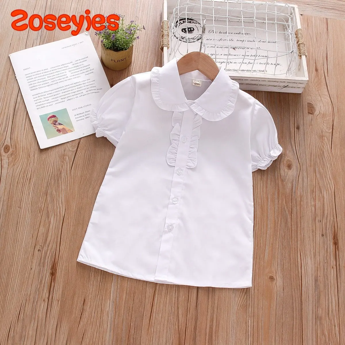 Summer girls' shirt lace lapel short sleeve casual holiday plain simple top