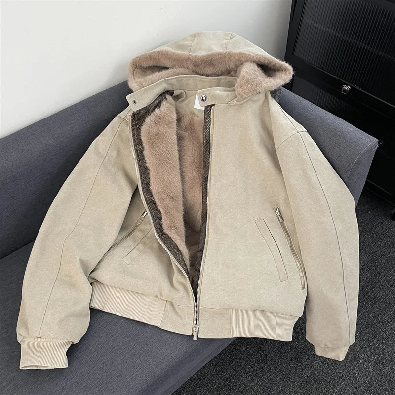 

American Retro Detroit Fce Lined Canvas Jaet Men Heavyweight Waable Detachable Hat Cotton Coat Youth Casual Winter Thi...