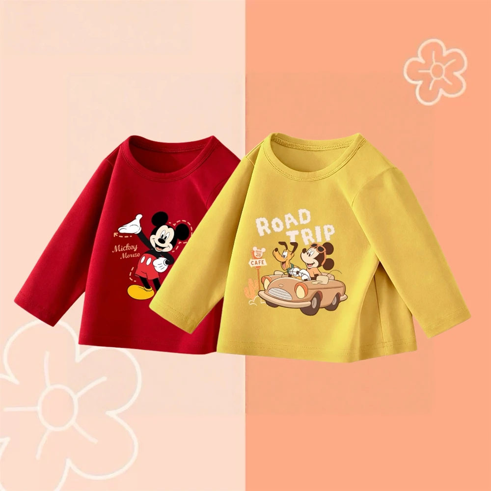 

Red TShirt Mickey Mouse Printed Tees Solid Color Bottoming Shirt New Pure Cotton Tops Loose Casual Sports Tops Spring/Fall Wear