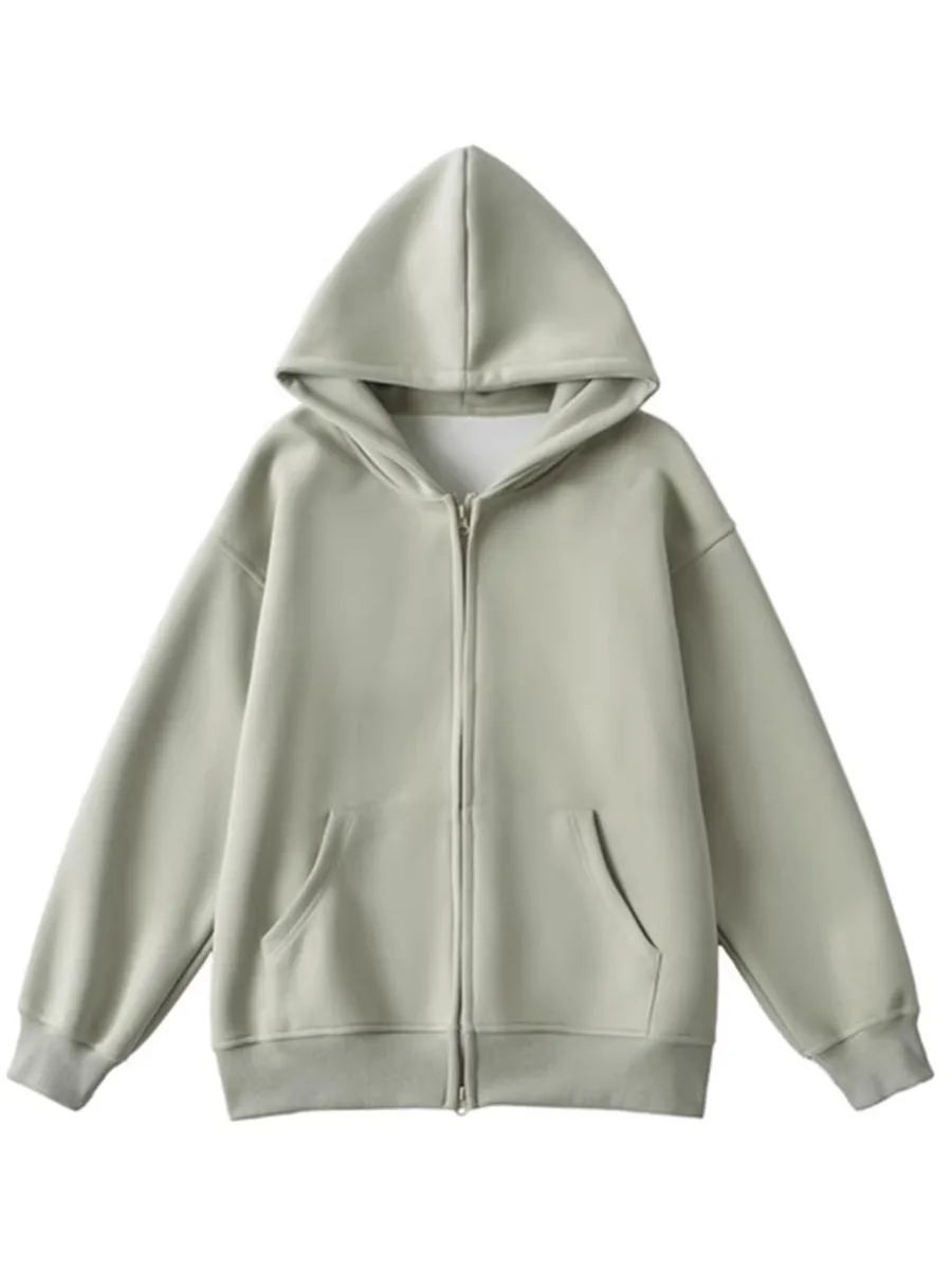เสื้อฮู้ดดี้ทรงโอเวอร์ไซส์สไตล์อเมริกันสำหรับผู้หญิง ซิปคู่ ลำลอง ช่วยให้ดูผอมเพรียว สตรีทแวร์ แขนยาว ความยาวปานกลาง เสื้อฮู้ด