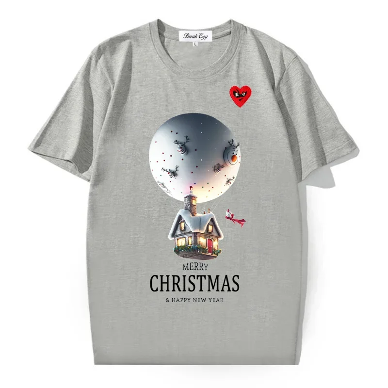 Christmas Balloon House Printing Men Women T-shirt Red Glasses Heart Embroidery Cotton O-neck Short-sleeved Straight T-shirt