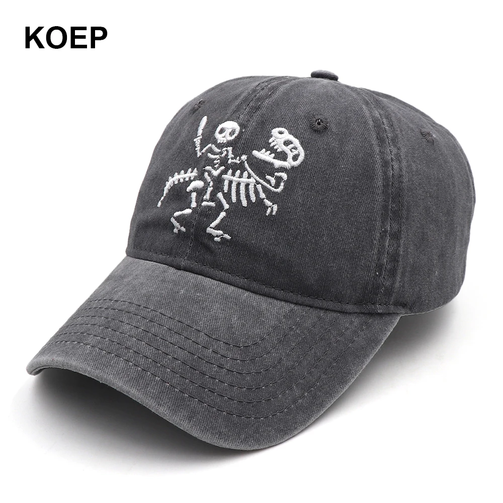 KOEP Skeleton Man Riding Dinosaur Water Wash Fishing Baseball Caps Outdoor Sports Snapback Hat Wholesale Drop Shipping Hats