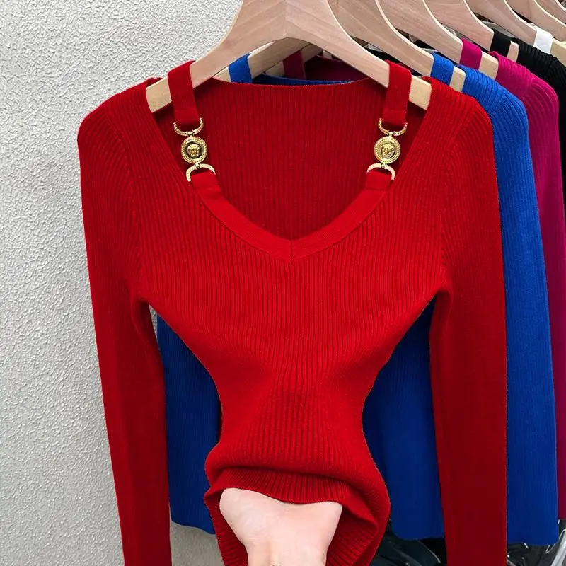 Solid Color Undercoat Sweater Ladies Fashion Long Sleeve Knitting Tops Autumn Winter Solid Color Pullovers Women\'s Clothing