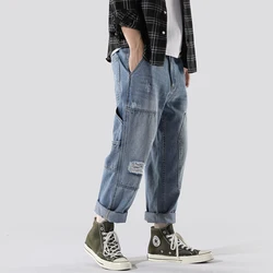 Y2K vintage high quality Harajuku men's jeans multi-generation biker ripped pants fashion loose Korean nine minute pants