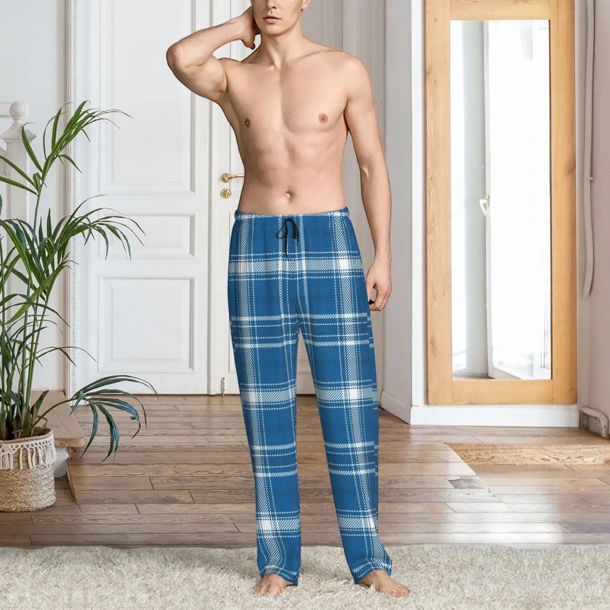 Personalizado impresso verificação xadrez tecido textura tartan padrão calças de pijama masculino dormir bottoms com bolsos