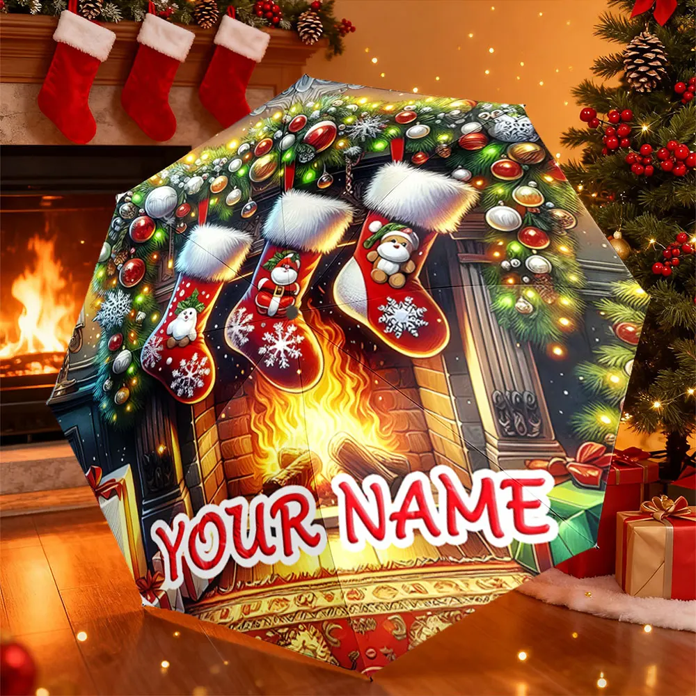Custom Name Umbrella,Christmas Fireplace Scene with Stockings - Personalized Umbrella ,Portable Folding Umbrella, Christmas Gift