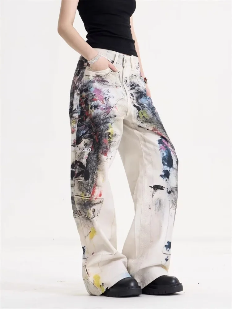 Spodnie jeansowe damskie w stylu punk Y2K z 2025 roku, z grafiką graffiti, vintage, luźne, szerokie nogawki, streetwear, gotyckie, długie spodnie.
