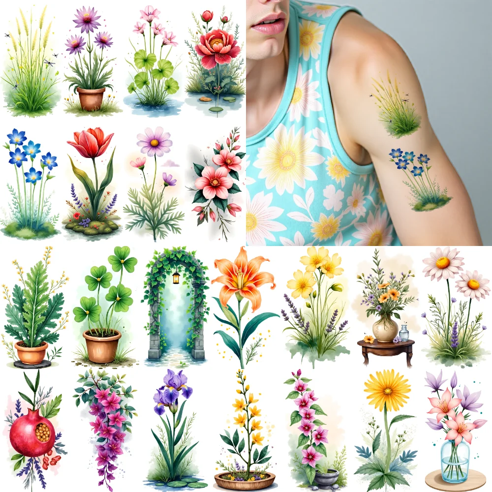 9 قطع من ملصقات زهور الوشم المؤقت المقاومة للماء وملصقات الجسم تدوم طويلاً وتصاميم الأزهار والألوان المائية للفتيات على أكتاف الأسلحة #1