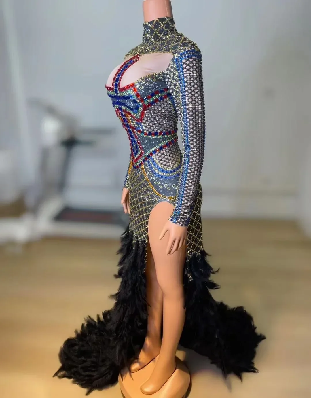여성용 반짝이는 롱 라인스톤 DJ DS 고고 댄서 드레스 공연 무대 의상 깃털 드랙퀸 코스튬