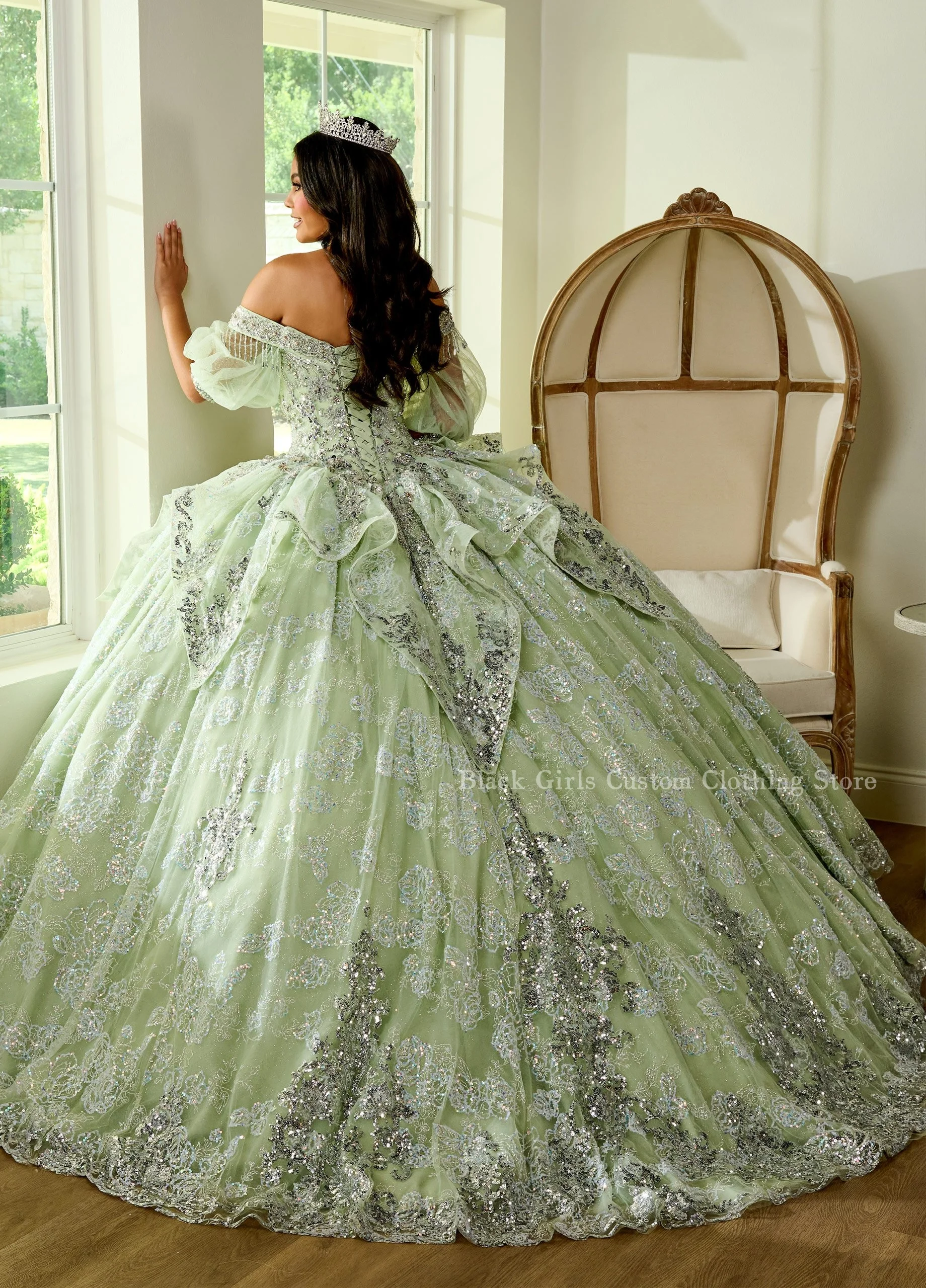 Exquisitos vestidos de baile verde claro, vestido elegante de un hombro con incrustaciones de cuentas, tul, una palabra, tutú de princesa, 15