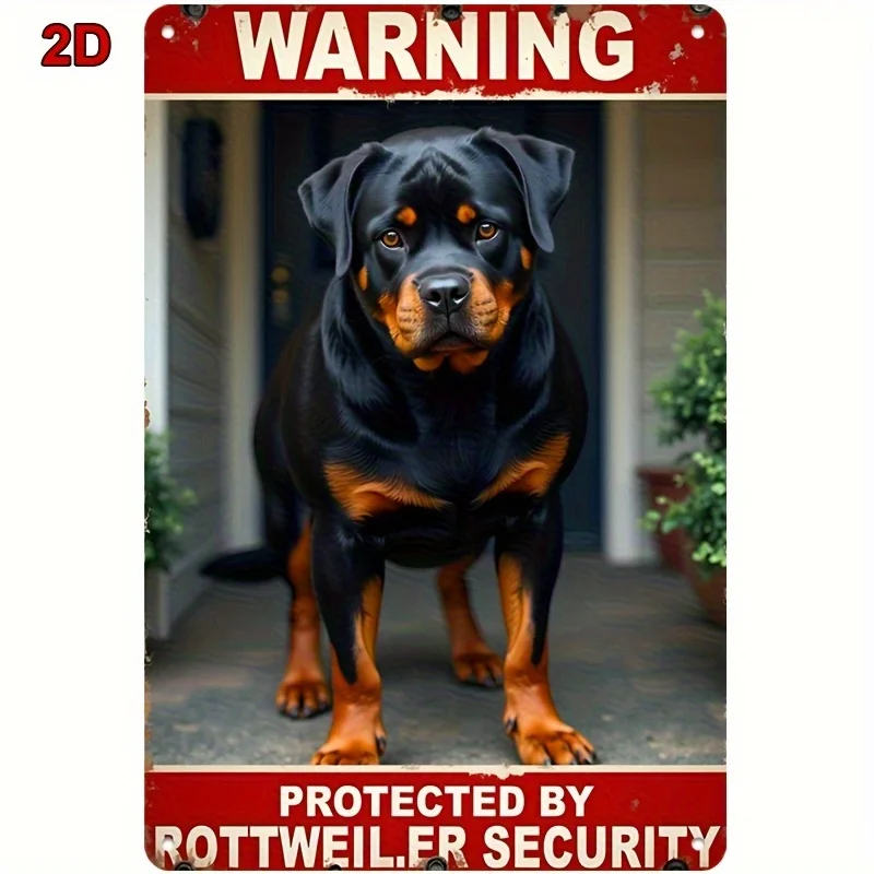 2D Flat, 1pc Vintage Metal Security Sign - Red & White Warning Plaque with Protected by Rottweiler, Heavy-Duty Metal Construc