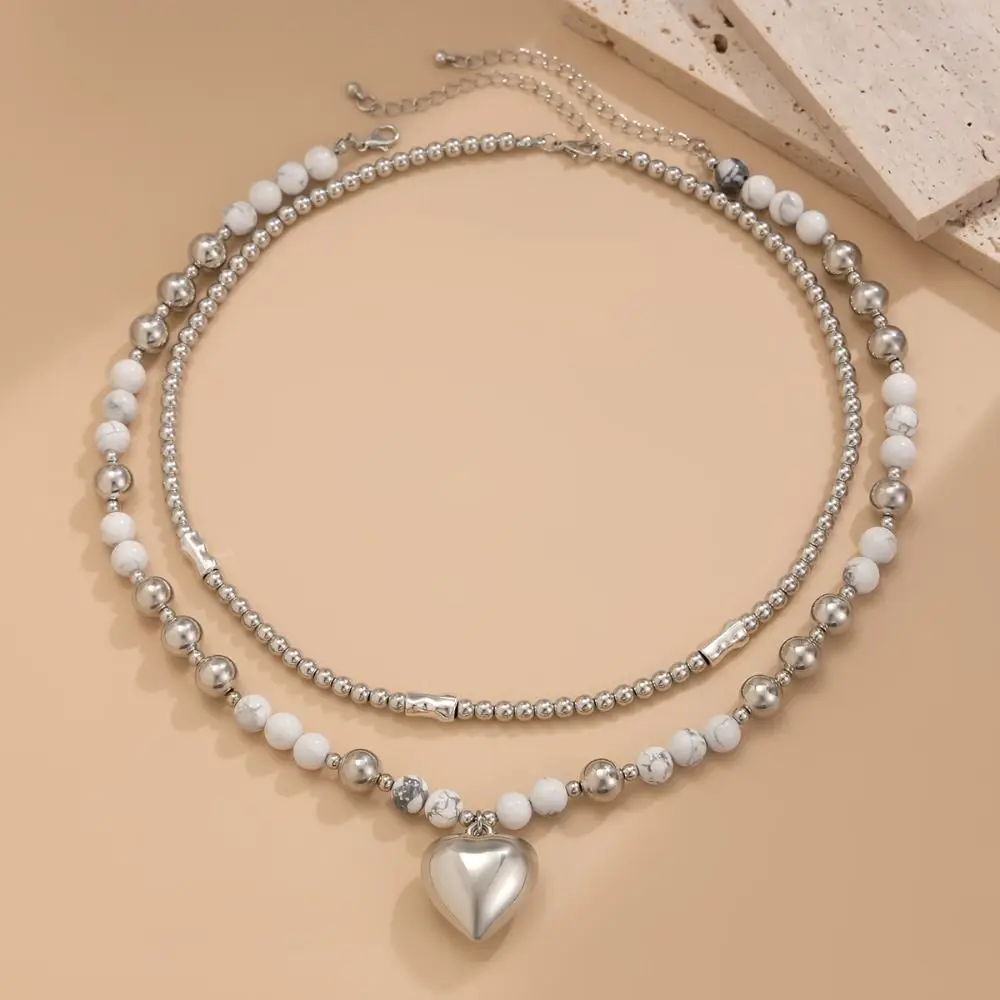 

Handchain Heart-shaped Pearl Necklace Sweet Charm Layered Chain Punk Big Heart Pendant Handmade Adjustable Retro Beads Necklace