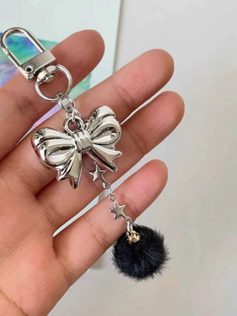 Vintage Metal Bowknot Heart Star Hairy Ball Charms Keyring Y2K Silver Color Bow Keychain Fashion Bag Hanging Accessories