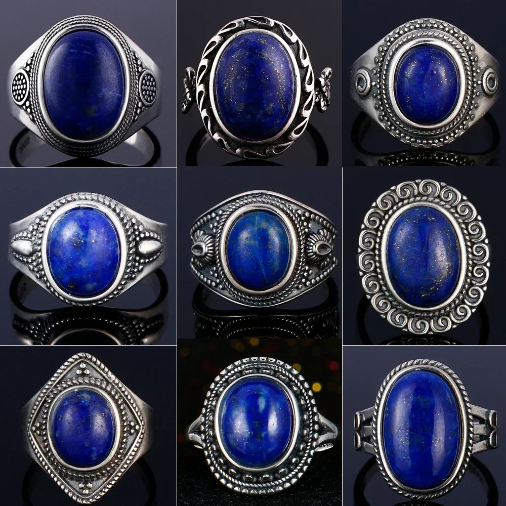 925 Sterling Silver Natural Big Oval Natural Lapis Lazuli Ring for Women Men Gift Vintage Large Ring Fashion Fine Jewelry