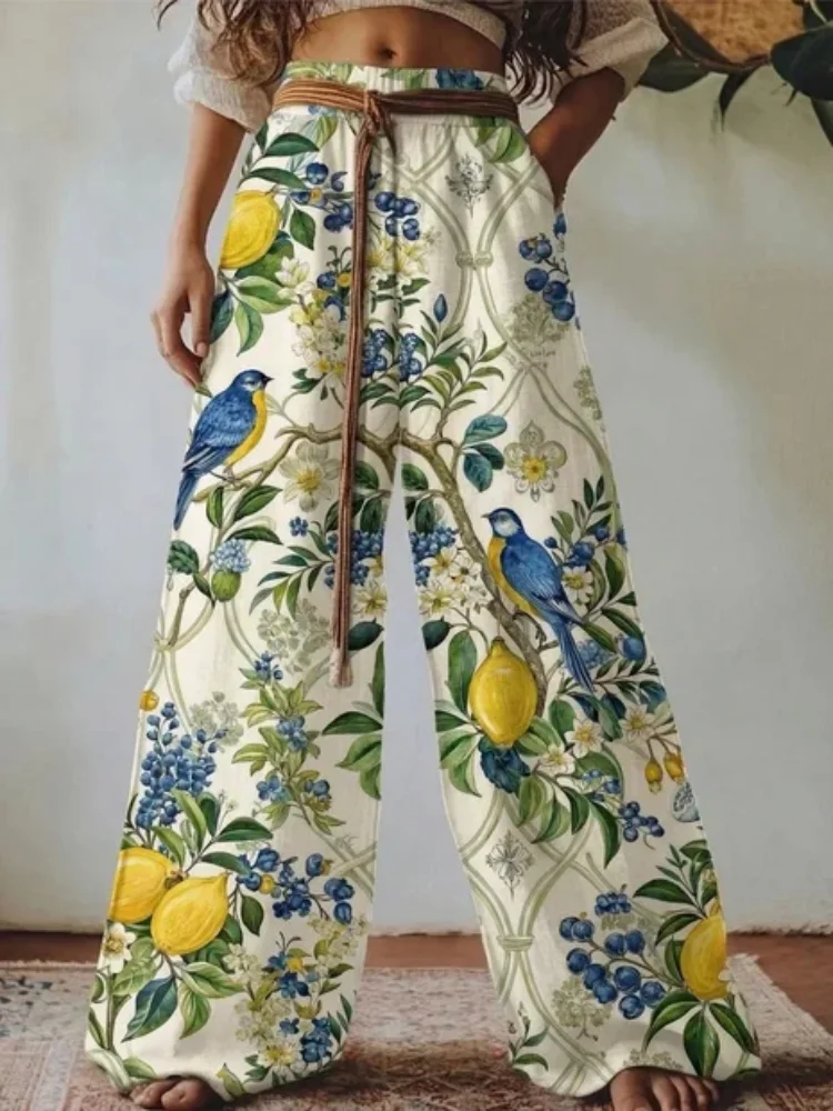 2026 New Style Women's Printed Wide-leg Pants, Featuring a Tropical Bird and Lemon-colored Floral Pattern, with Drawstring High-waist Design. Fast Shipping from the US Warehouse. Ideal for Summer Bohemian Beach Outdoor Vacation and Daily Casual Wear.