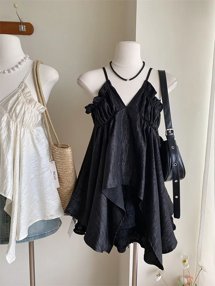 American Retro Solid Vest Off Shoulder Sleeveless Women Sexy Ruched Tank Tops Gyaru Camisole Chic Spring Summer 2000s Aesthetic