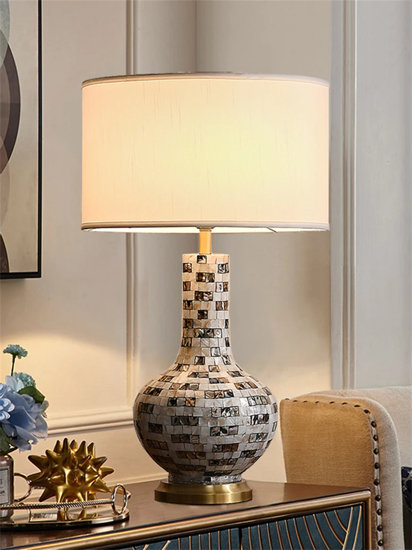 living room luxury mermaid table lamps American pure copper handmade pearl study decoration LED desktop table lights fixtures