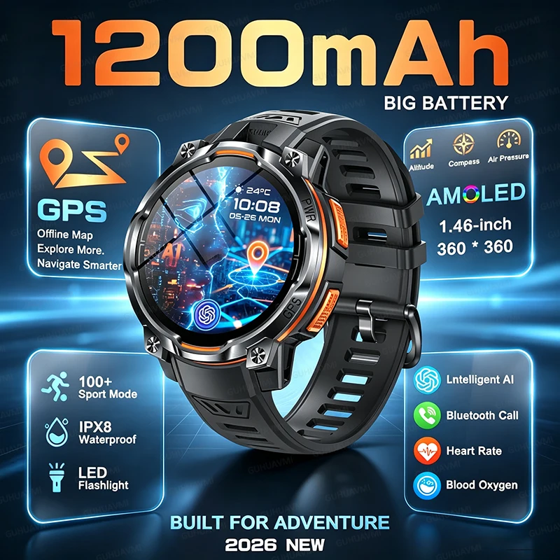 2026 New GPS Offline Map Smart Watch IPX8 Waterproof Tactics LED Flashlight Compass 1200mAh Battery AI-GPT HD Call Sports Watch