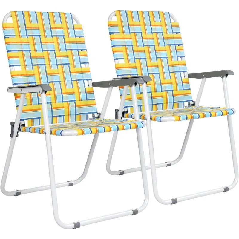 Patio Lawn Webbed Folding Chairs Set of 2, Outdoor Beach Portable Camping Chair for Yard, Garden Dining (Yellow, Classic)