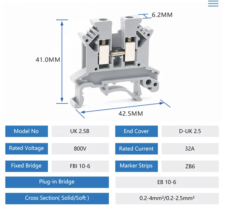 Imagem -04 - Bloco Terminal Condutor de Fio de Trilho Din Conector Universal Bloco de Tira Terminal de Conexão de Parafuso Uk2.5 100 Peças Uk2.5b 2412awg