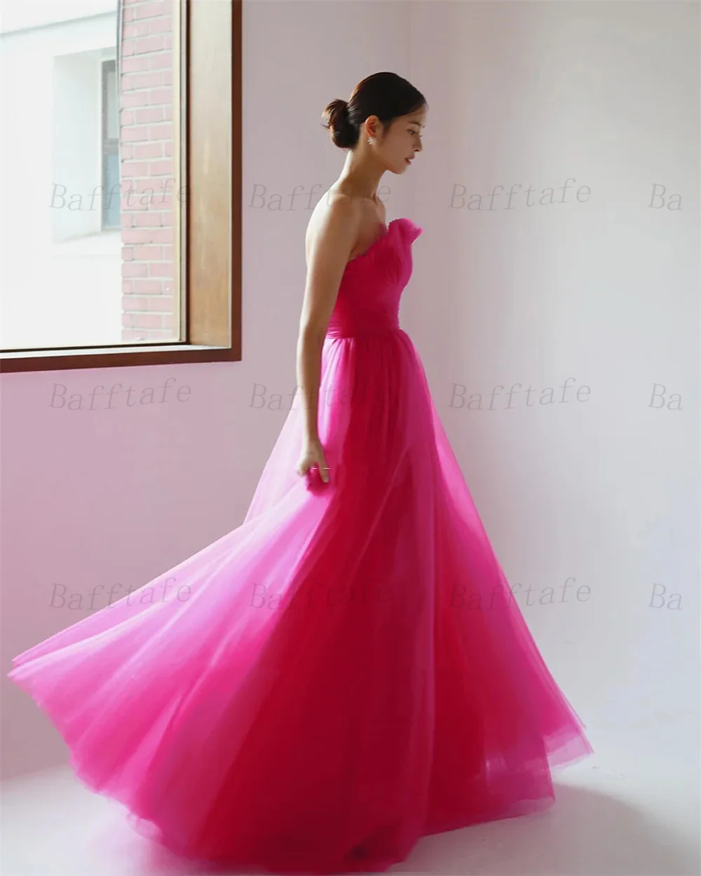 Bafftafe Fuchsia Tulle Long Prom Dresses Customized Pleated Strapless Korea Lady Evening Dress Formal Party Women Gowns 프롬드레스