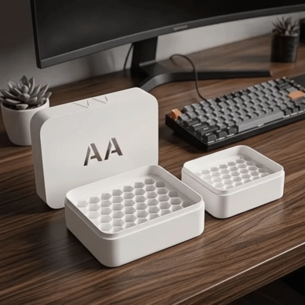 3D Printed Battery Storage Box AA/AAA 27 Slots Battery Organizer Case with Lid Stackable Decorative Battery Holder