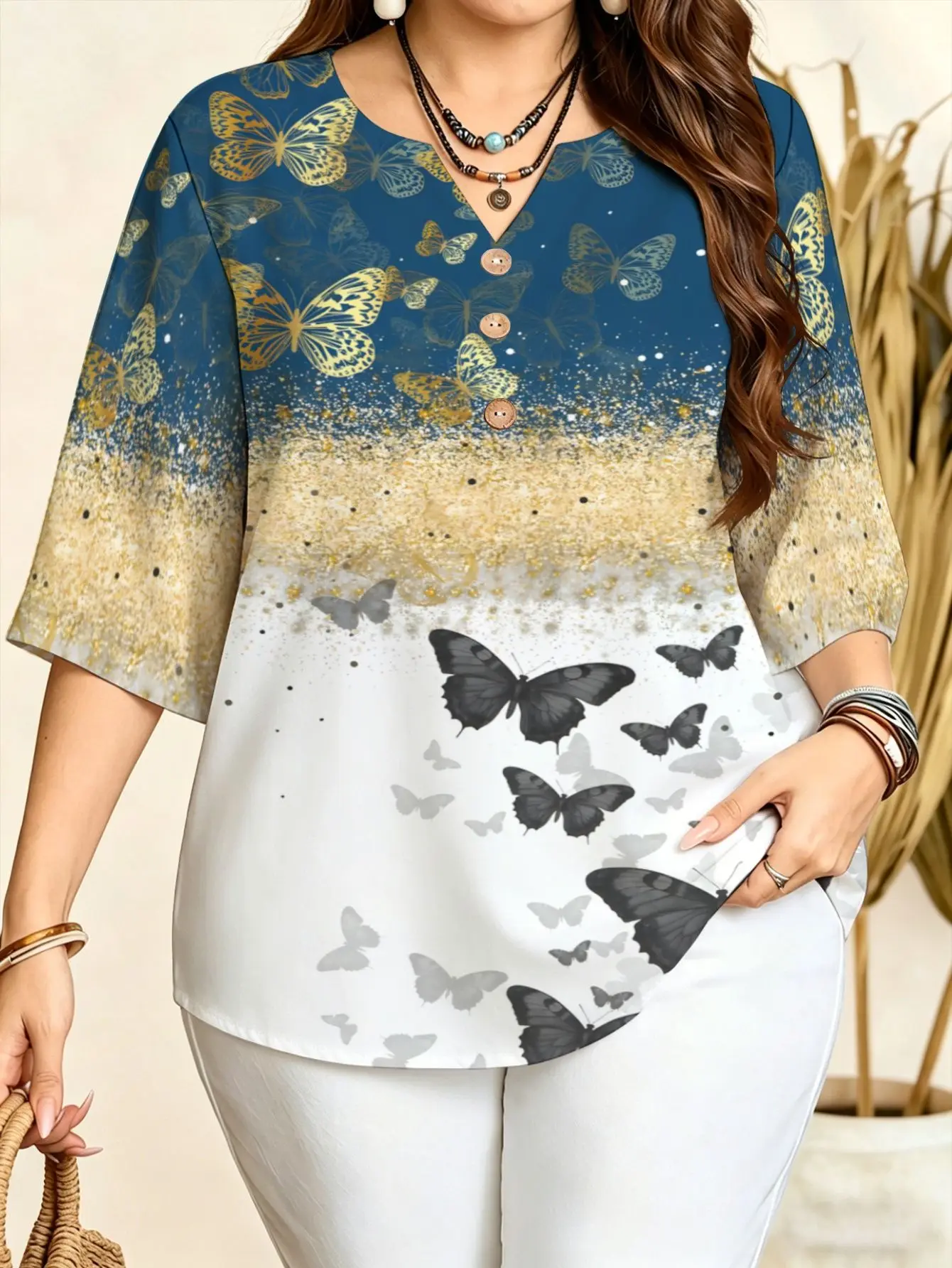 Women All‑Over Floral Butterfly Ethnic Gradient Print Blouse For Curvy Figures Notched Neck 3/4 Sleeve Loose Tops